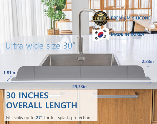 30 inch(75cm) Premium Kitchen Sink Silicone Water Splash Guard SIZE UPGRADE 30" and new package - NO Suction Cups, Ultra Wide 30" - Made in Korea (Ultra Wide Eco Gray)