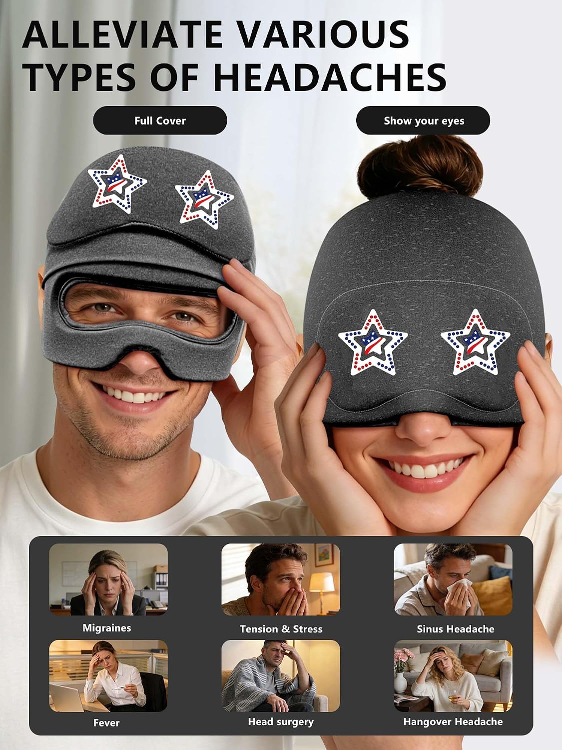 Migraine Relief Cap with Slide-Up Eye Mask, Headache Relief Ice Hat | Compression Head Face Ice Pack, Reusable Hot & Cold Gel Wrap for Hangover, Stress, Tension,Puffy Eyes, for Men Wemen Gift