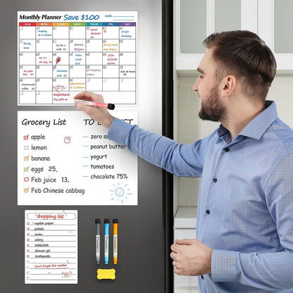Dry Erase Magnetic Calendar for Refrigerator, 3 Pack- Monthly & Weekly & Daily Planner Magnet Whiteboard for Fridge Wall Door - Shopping, Meal/Menu, To Do List, Family Schedule Planning Board, 14"x11"