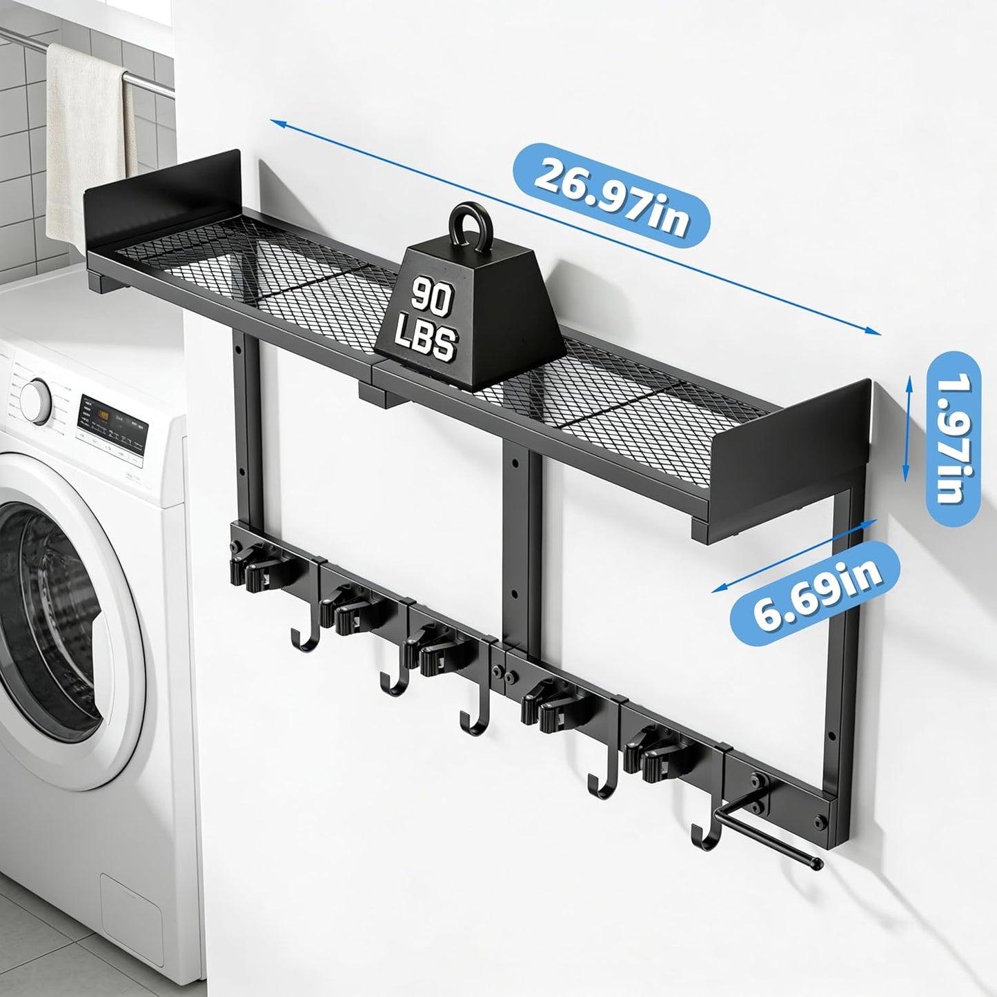 27" Mop and Broom Holder Wall Mount with Top Storage Shelf & Hooks,Black | Mop Hanger Wall Mount, 5 Grippers, 5 Hooks, Wall Organizer For Laundry Room, Garage And Kitchen