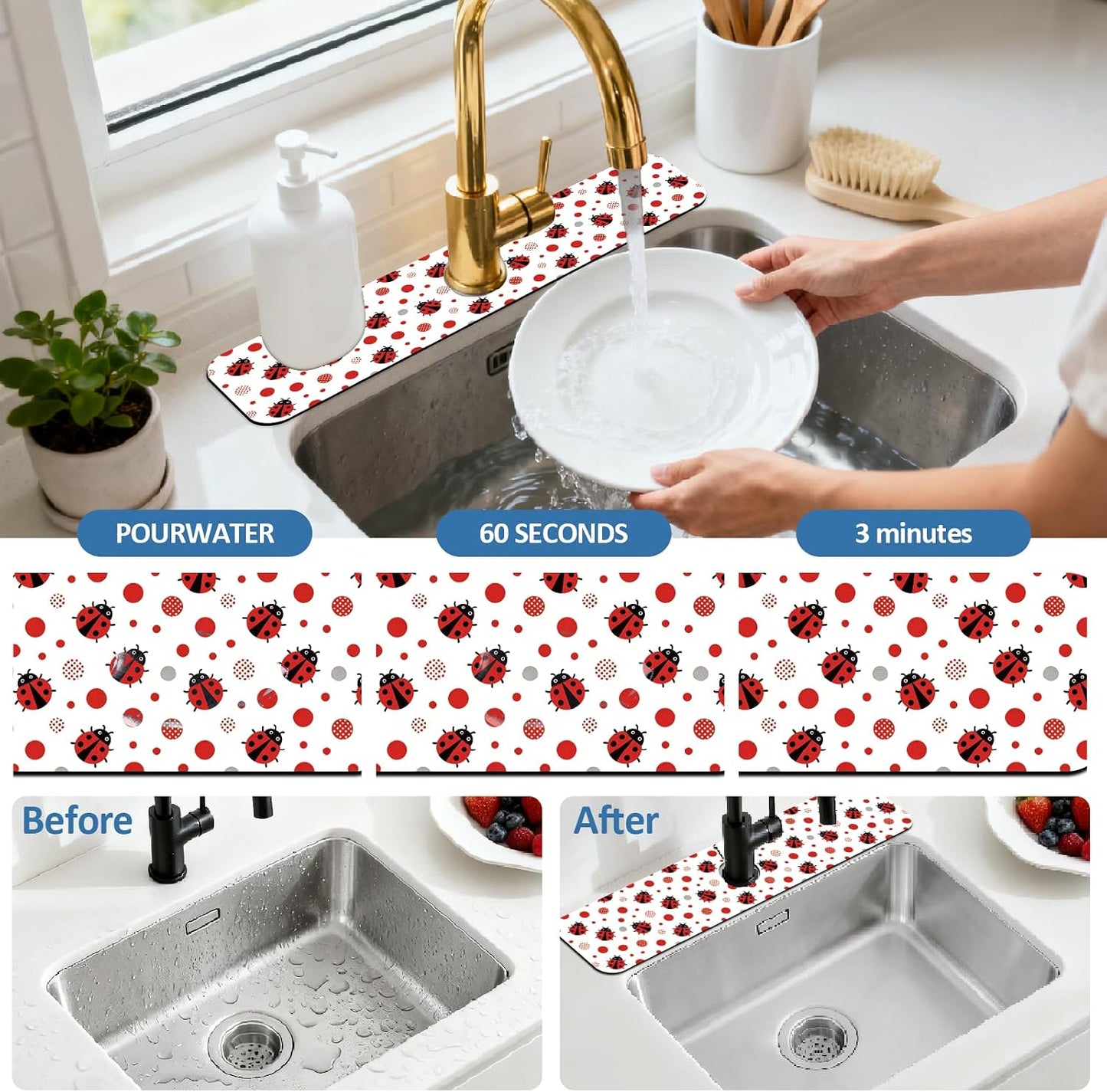 2Pcs Peonies Kitchen Sink Splash Guard Faucet Mat Vintage Florals Faucet Mat For Bathroom Kitchen 5.5x23.6In