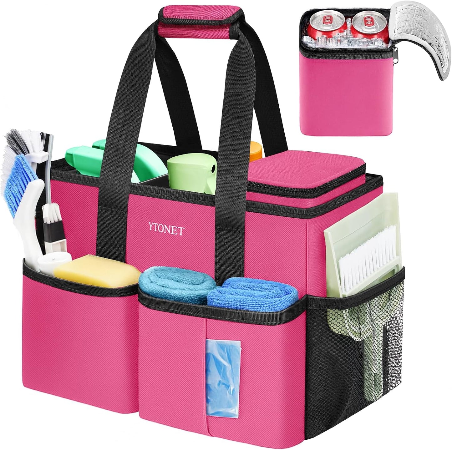Ytonet Portable Cleaning Caddy with Handle, Water Resistant Cleaning Bag | with Handle & Foldable Divider for Cleaners, Housekeeping Tote for Kitchen & Bathroom, Car Tool Caddy Organizer Bag, Rosered