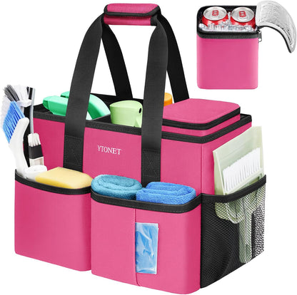 Ytonet Portable Cleaning Caddy with Handle, Water Resistant Cleaning Bag | with Handle & Foldable Divider for Cleaners, Housekeeping Tote for Kitchen & Bathroom, Car Tool Caddy Organizer Bag, Rosered