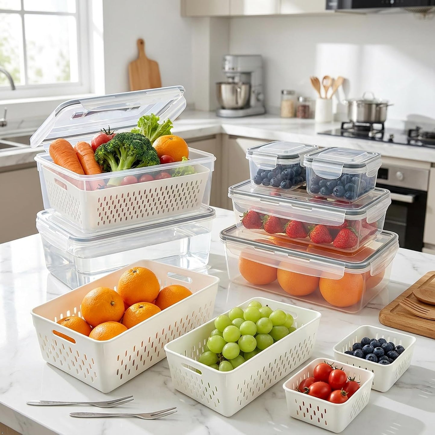 KUK 4 Pack Fruit Storage Containers for Fridge, Leakproof Food Containers with Removable Colander, Fruit Containers for Fridge BPA Free Produce Containers Keep Vegetables Berry Meat Fresh Longer