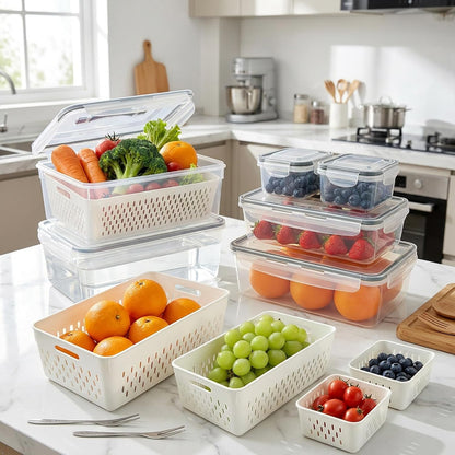 KUK 4 Pack Fruit Storage Containers for Fridge, Leakproof Food Containers with Removable Colander, Fruit Containers for Fridge BPA Free Produce Containers Keep Vegetables Berry Meat Fresh Longer