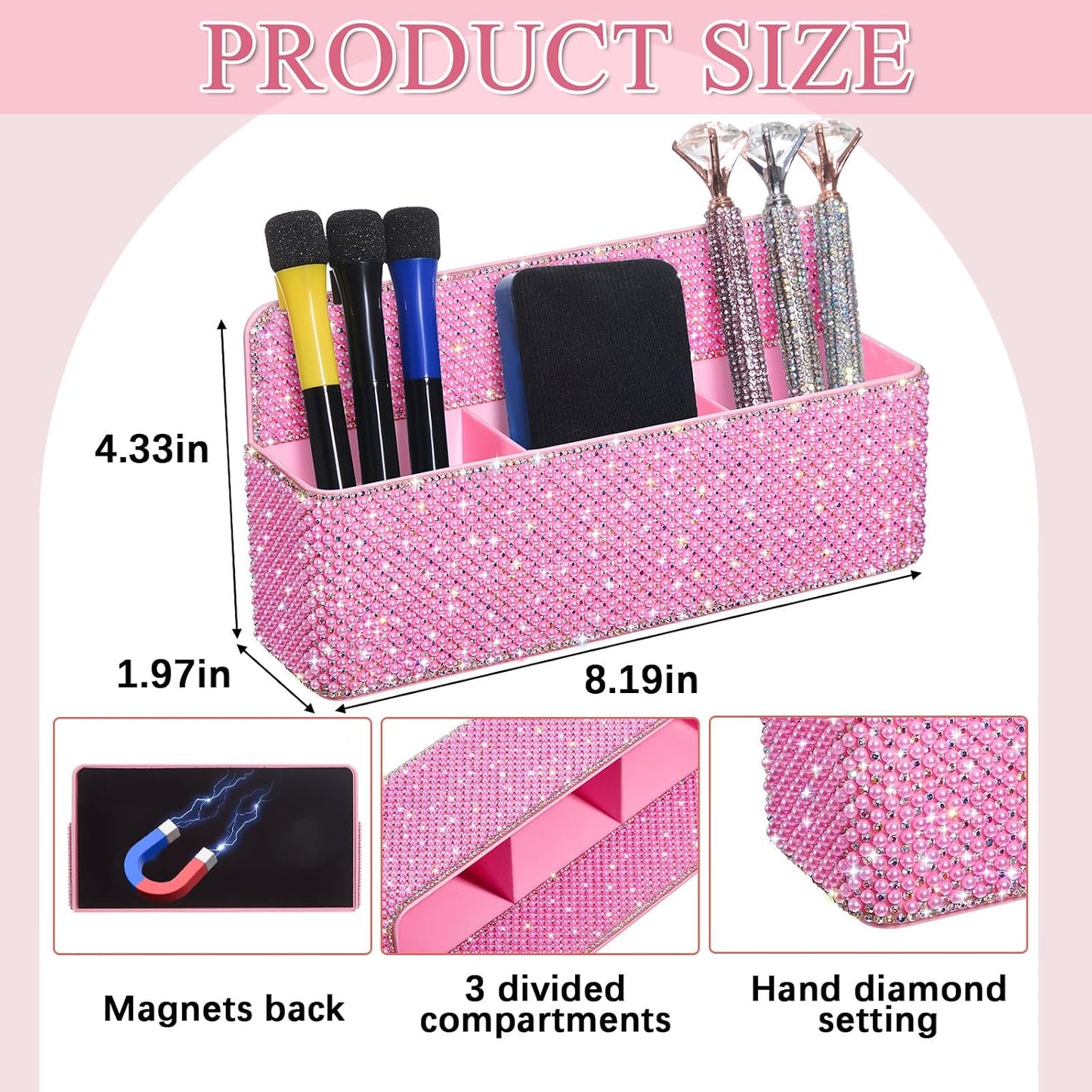 MotiMind Purple Locker Accessories for Girls, Bling Magnetic Pen Holder for Refrigerator, Back to School Rhinestone Marker Holder for Locker, Sparkly Gift for Student (Medium,Rhinestone)