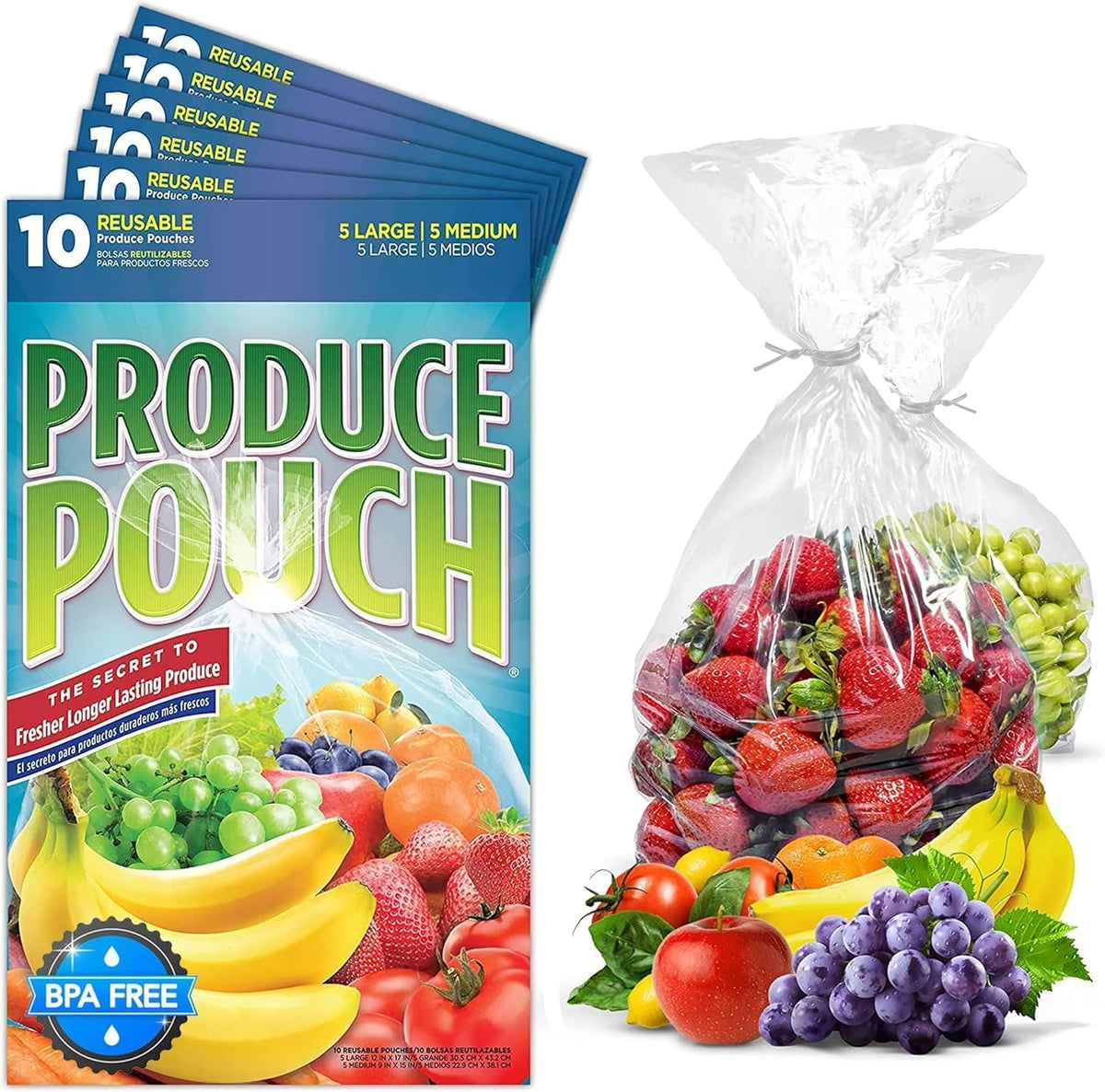 30-Pack (15M, 15L) Reusable Produce Bags for Refrigerator with Twist-Ties