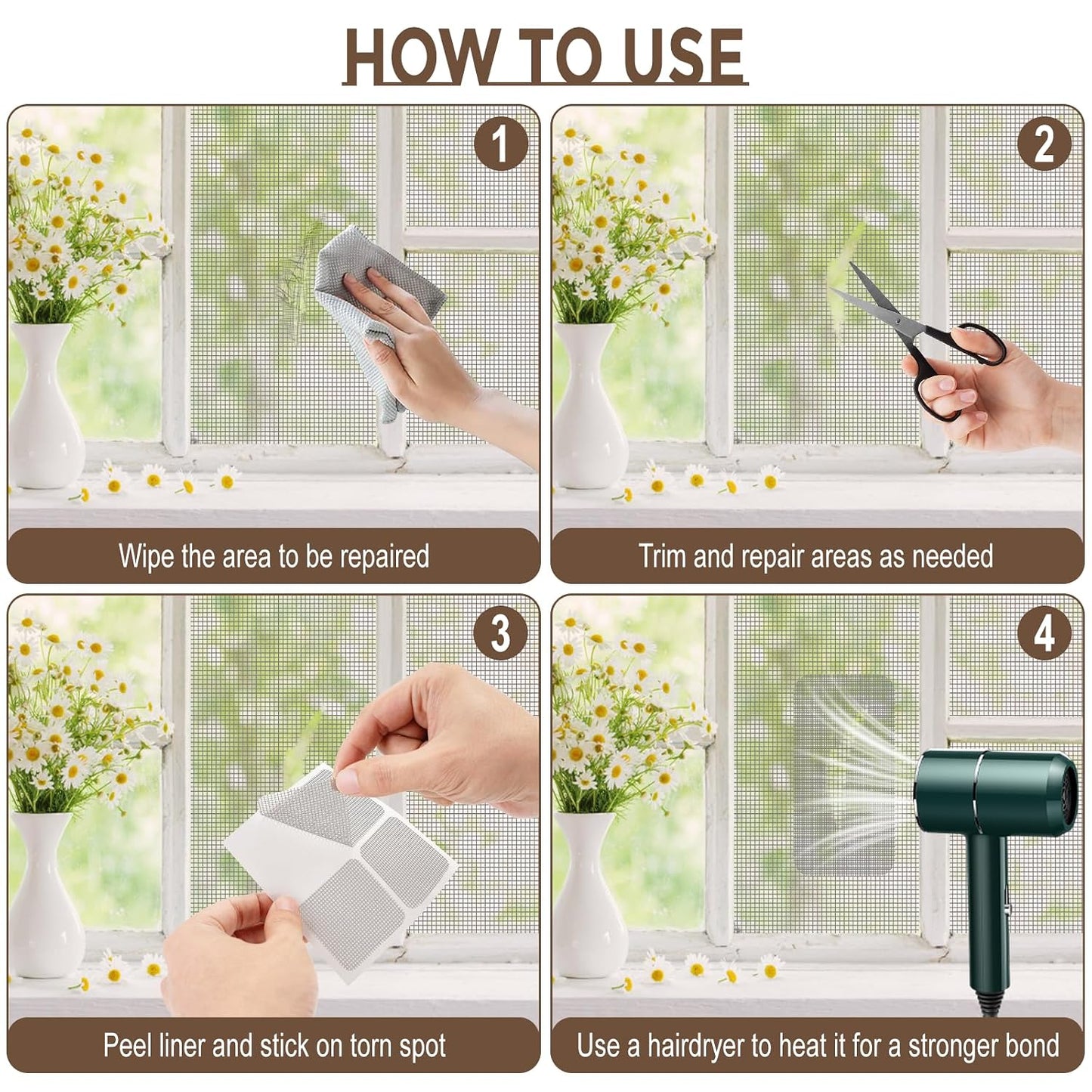 15 Sheets Window Screen Patches Repair Kit Gray 3 Sizes Fiberglass Patches | Self-Adhesive Fiberglass Screen Repair Patches in 3 Sizes, Quick Fix for Window Screen Tears & Holes, Grey