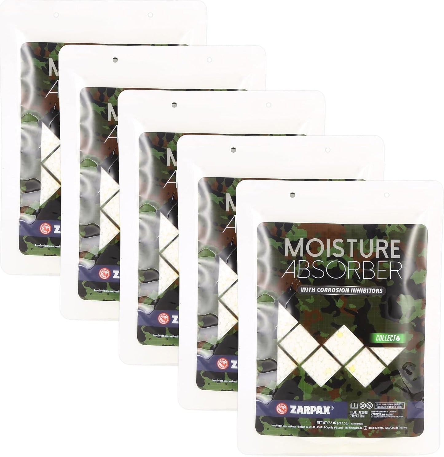 Zarpax Moisture Absorber Sachets Activated Charcoal 7.5 oz/212g - Remove Excess Moisture In Air & Odor - Desiccant Dehumidifier for Closet, Drawer, Storage - Dampness & Humidity Control - Set of 5