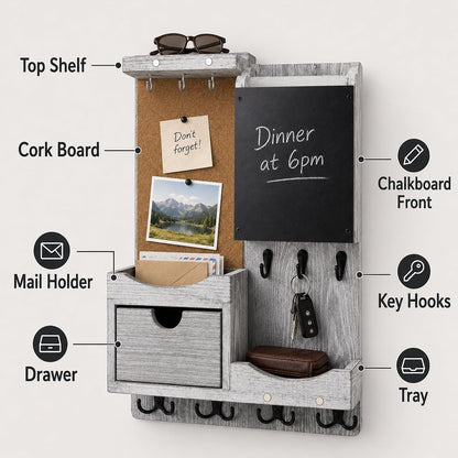 Key Holder for Wall Mount with Shelf and Mail Organizer, Key and Mail Holder with 16 Hooks, Farmhouse Entryway Organizer, Home Decor Rack (Pine Wood, White Washed)