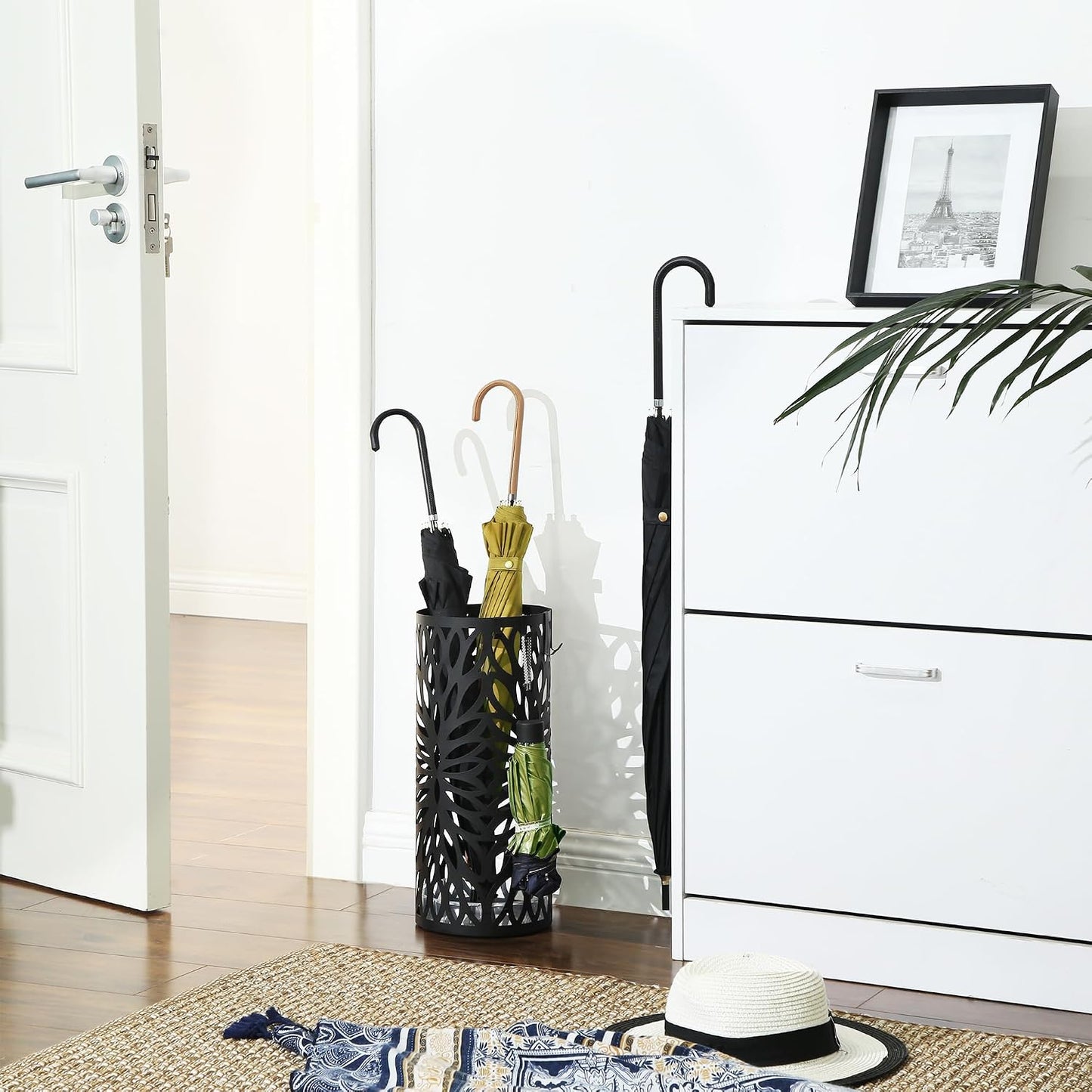 SONGMICS Umbrella Stand, Umbrella Holder for Entryway, Steel Square Umbrella Rack Organizer Freestanding, for Canes Walking Sticks, with a Detachable Drip Tray, 4 Hooks, Black ULUC026B33
