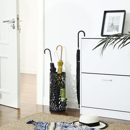 SONGMICS Umbrella Stand, Umbrella Holder for Entryway, Steel Square Umbrella Rack Organizer Freestanding, for Canes Walking Sticks, with a Detachable Drip Tray, 4 Hooks, Black ULUC026B33