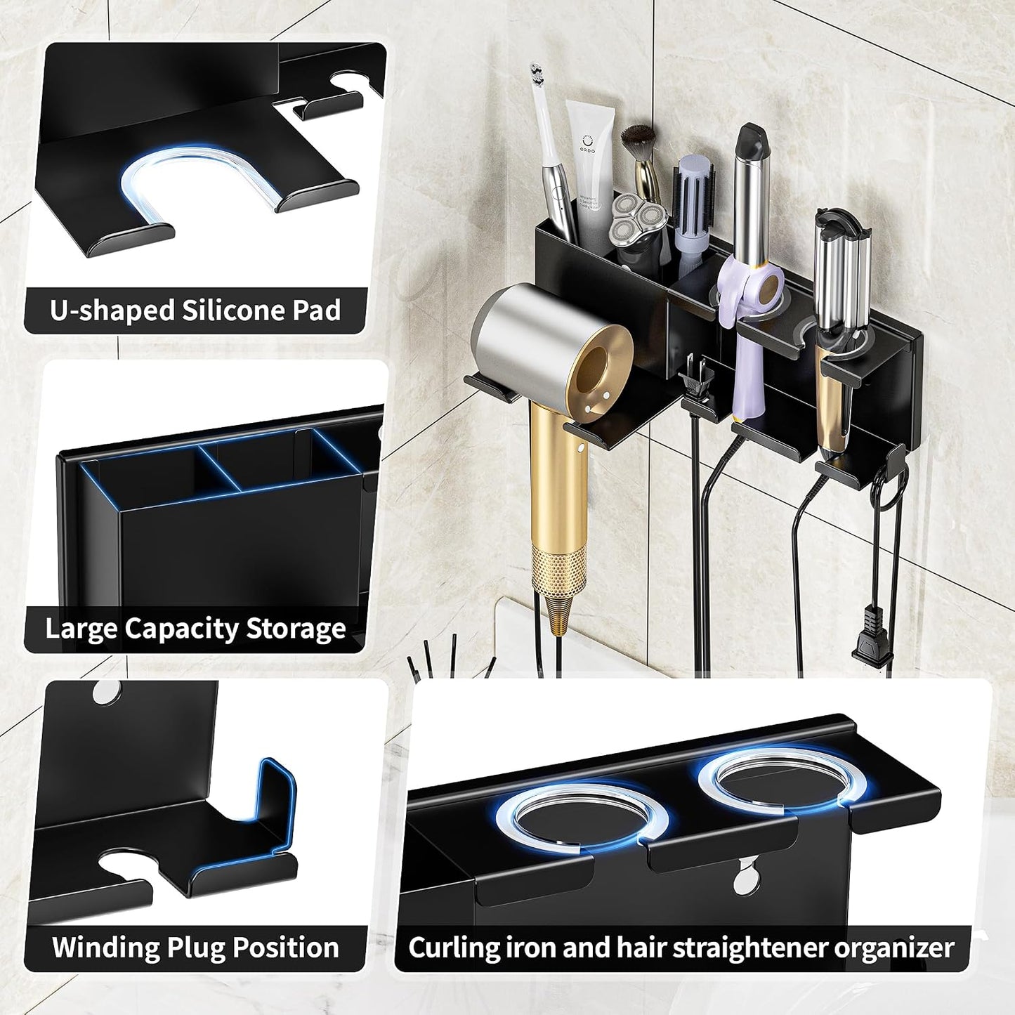 Hair Dryer Holder, Hair Tool Organizer Wall Mount, Adhesive or Drill, White | Blow Dryer Holder for Dryer Hook, Straightener Curling Irons Hairdryer Hair Appliance Hanger for Salon Bathroom Wall Storage