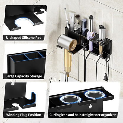 Hair Dryer Holder, Hair Tool Organizer Wall Mount, Adhesive or Drill, White | Blow Dryer Holder for Dryer Hook, Straightener Curling Irons Hairdryer Hair Appliance Hanger for Salon Bathroom Wall Storage