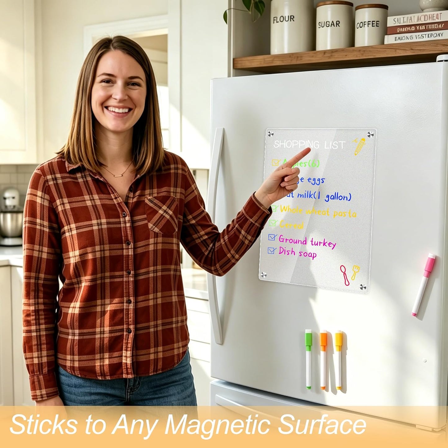 1pack Acrylic Magnetic Fridge Whiteboard,Clear Dry Erase Menu Board, White | Meal Planner With 8 Bright Markers & 1 Towel, To Do List, Planner Board & Grocery List For Kitchen Organization