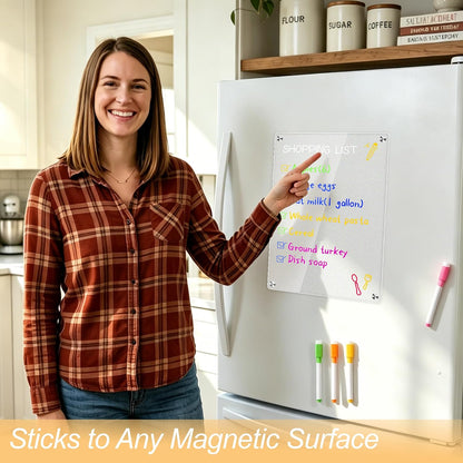 1pack Acrylic Magnetic Fridge Whiteboard,Clear Dry Erase Menu Board, White | Meal Planner With 8 Bright Markers & 1 Towel, To Do List, Planner Board & Grocery List For Kitchen Organization