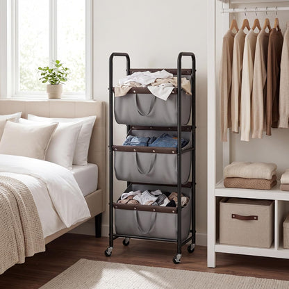 GRANNY SAYS 3 Tiered Laundry Sorter, Narrow Hamper Cart with Wheels | Sturdy 3 Section Laundry Basket with Wheels, Vertical Beige Hamper Cart for Bedroom, Bathroom, Apartment