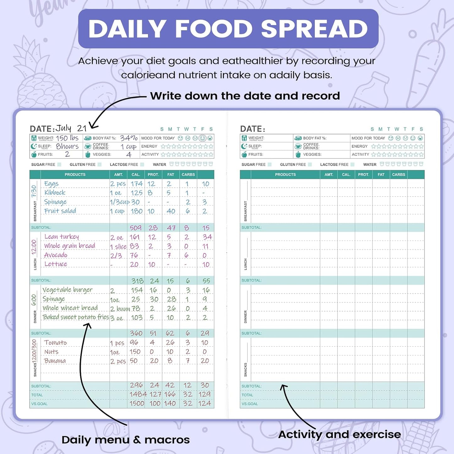Food Journal - Journal for Women Weight Loss, 5.8" x 8.3", 6 Months Meal Planner to Count Calories Health Journals for Women/Men, Keep Healthy Diet & Achieve Fitness Goals - Rose Gold
