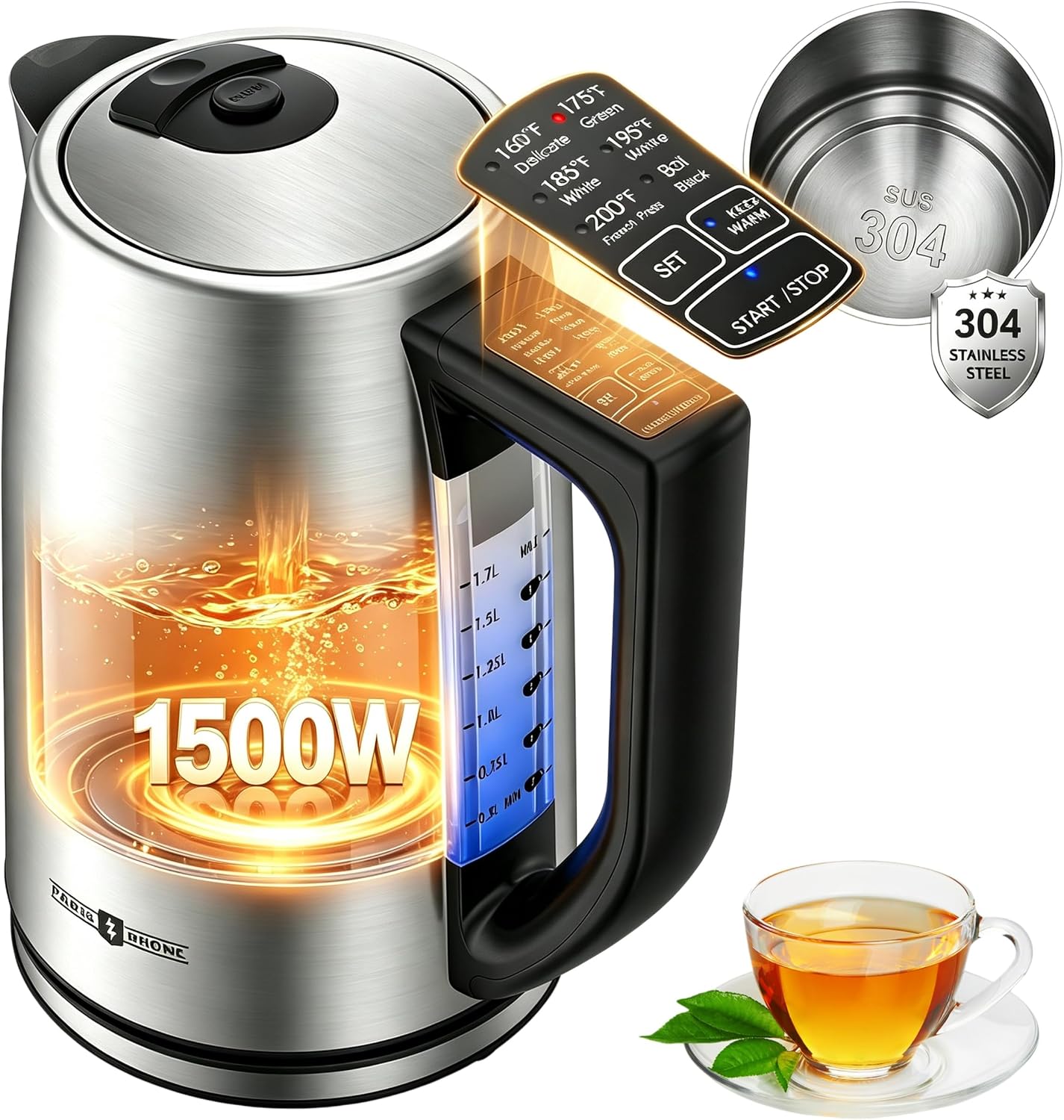 Electric Tea Kettle, 6 Precise Temperature Presets 1.7L Stainless Steel Electric Kettle Temperature Control,1500W Fast Boiling Hot Water for Oolong & Green Tea with Strix Control