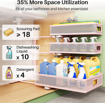 Kitstorack Under Sink Organizer, 2-Pack 3-Tier Height Adjustable Thickened Metal Pull out Cabinet Organizer Shelf, Slide out Storage Drawer Rack for Bathroom Kitchen Pantry Home Laundry Organization