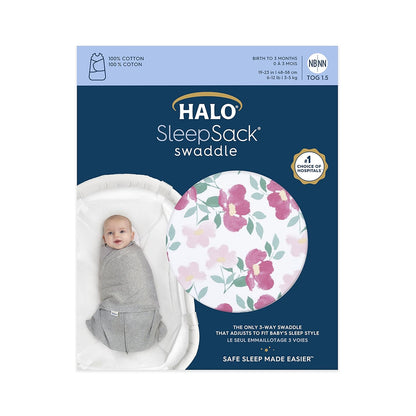 HALO 100% Cotton Sleepsack Swaddle, 3-Way Adjustable Wearable Blanket, TOG 1.5, Pink Floral, Newborn, 0-3 Months - Colors A
