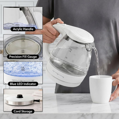 OVENTE 1.5L Glass Electric Kettle Water Boiler, Black KG83B | 1100W Fast Boiling, Borosilicate Glass, BPA-Free, Blue LED, Auto Shut-Off, Boil-Dry Protection, Removable Filter, 360° Base