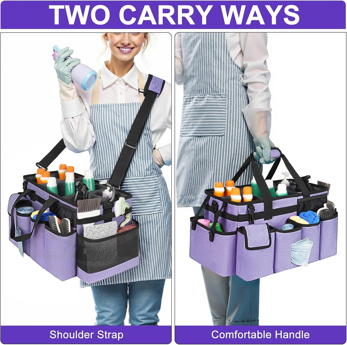 Cleaning Caddy Bag,Large Cleaning Supplies Organizer with Handle for Housekeepers,Purple