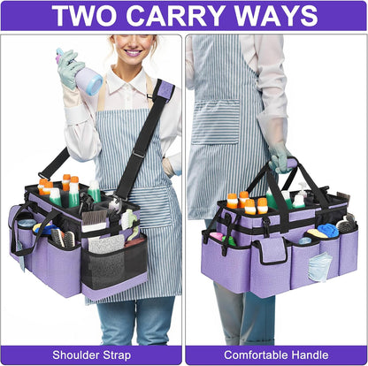 Cleaning Caddy Bag,Large Cleaning Supplies Organizer with Handle for Housekeepers,Purple