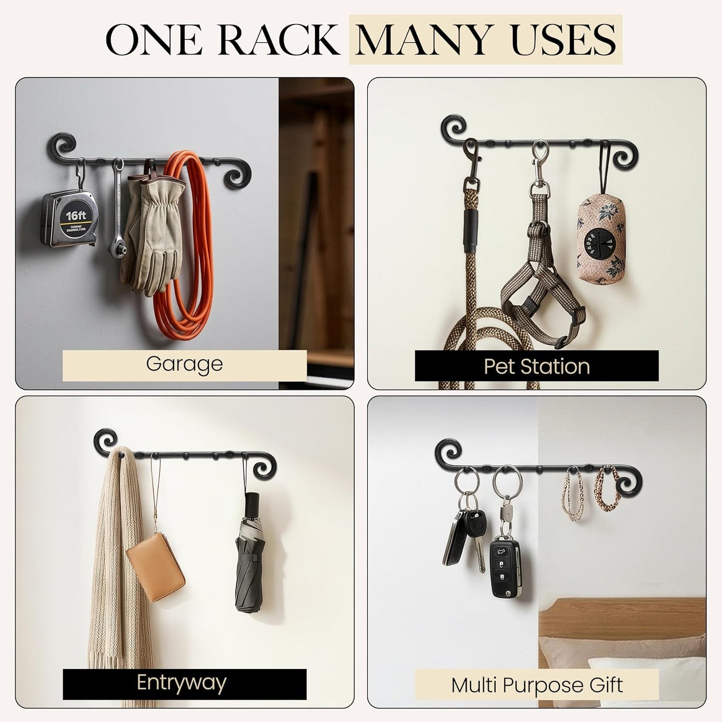 Farmhouse Small Key Holder for Wall, Wrought Iron Wall Mount Rack | Handcrafted Swirl Decorative, 5 Key Hooks for Home Entryway, Purse, Coat and Leash Holder or Organizer (Classic Black)