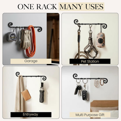 Farmhouse Small Key Holder for Wall, Wrought Iron Wall Mount Rack | Handcrafted Swirl Decorative, 5 Key Hooks for Home Entryway, Purse, Coat and Leash Holder or Organizer (Classic Black)