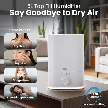 Everlasting Comfort 2.5L Top Fill Humidifier for Bedroom – 28dB Ultra-Quiet, Easy to Fill & Clean, 24HR Runtime, Night Light, Timer, Ultrasonic Cool Mist, Auto Shut-Off for Indoor Use