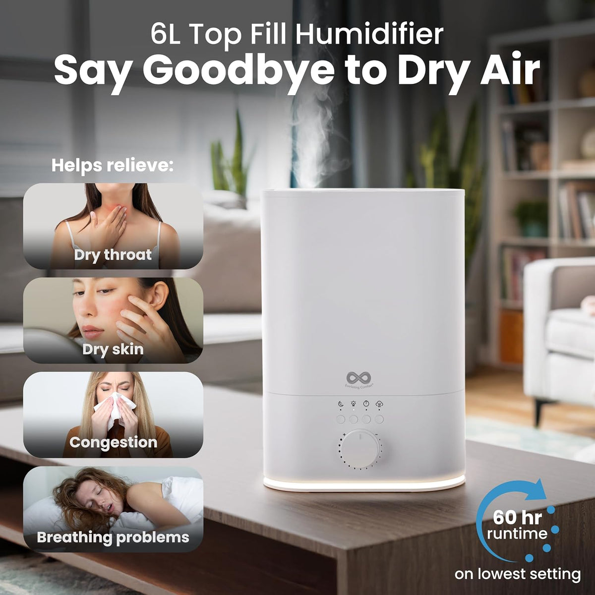 Everlasting Comfort 6L Humidifier Large Room, High Mist Output 60 HR Runtime Ultrasonic Top Fill Humidifiers for Bedroom, Easy to Use & Clean for Home, Baby Humidifier, Plants, Congestion, Indoor