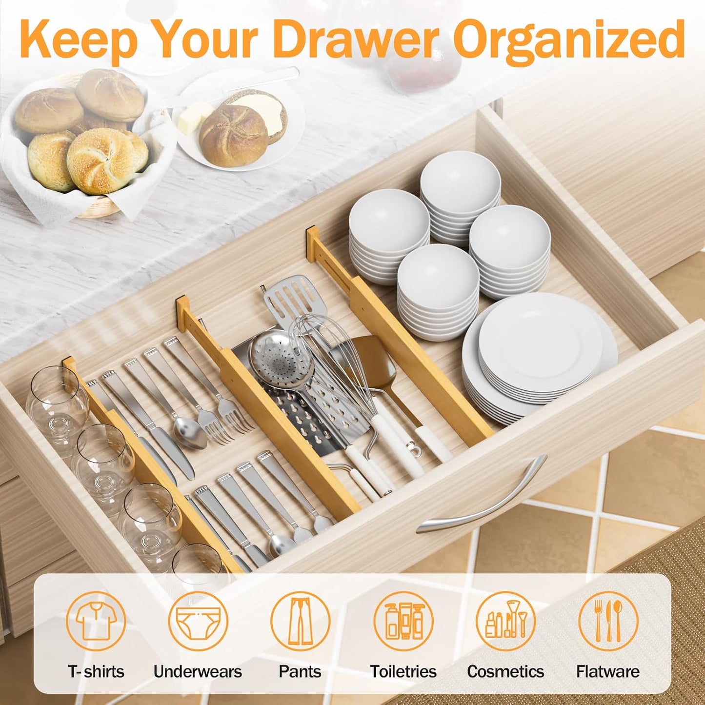 Bamboo Drawer Dividers Organizers, 2.56" High, 17"-21.8" Adjustable, 4 Pack | Expandable Separators, Great for Utensils, Kitchen, Bedroom, Dresser and Office Storage