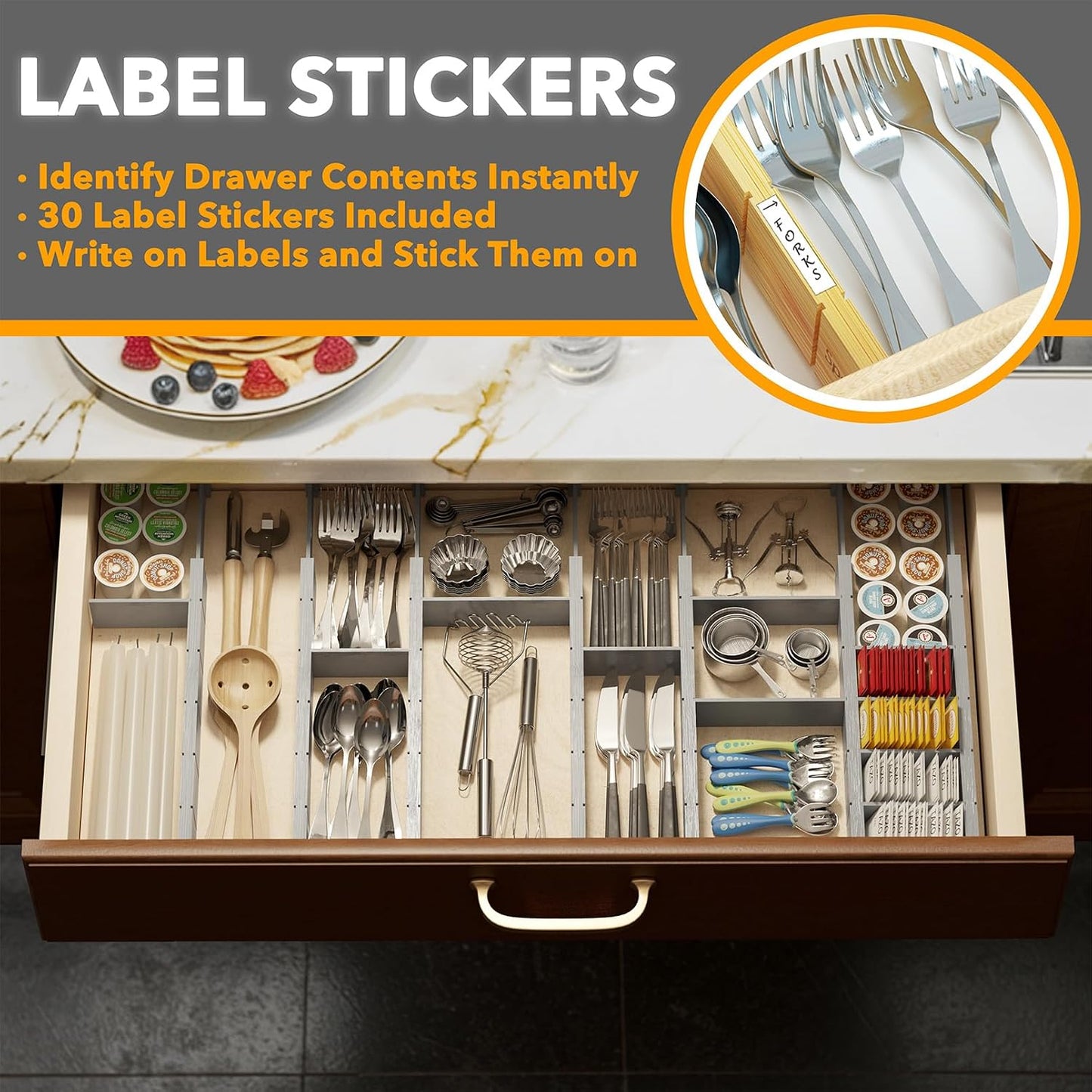 SpaceAid Bamboo Drawer Dividers with Inserts and Labels, Kitchen Adjustable Drawer Organizers, Expandable Organization for Home, Office, Dressers, 4 Dividers with 9 Inserts (17"-22" Natural)
