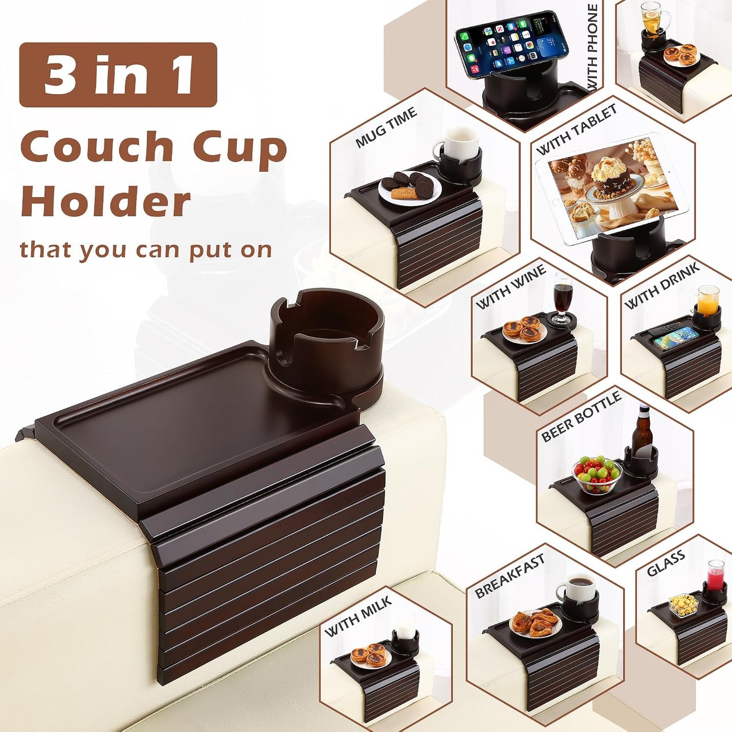 GHKINMAL Couch Cup Holder Tray, 3 in 1 Couch Arm Trays,Large Bamboo Chair Arm Rest Tray with 360° Cup Holder,Removable Anti-Slip Organizer for Snack Eating