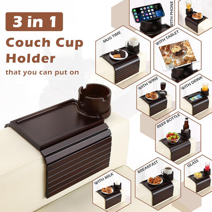 GHKINMAL Couch Cup Holder Tray, 3 in 1 Couch Arm Trays,Large Bamboo Chair Arm Rest Tray with 360° Cup Holder,Removable Anti-Slip Organizer for Snack Eating
