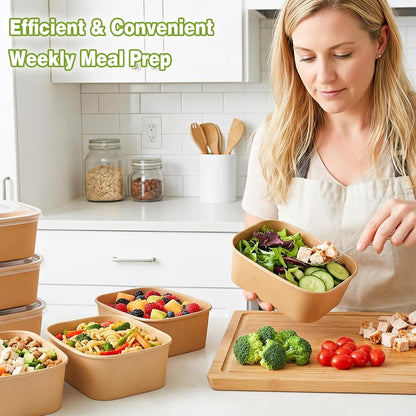 60 Packs 35oz Disposable Meal Prep Containers with Lids & Utensils | Leak-Proof Microwave/Freezer Safe Food Prep Container with Labels , Sturdy Kraft Paper Bowls for Meal Prep, Lunch & Leftovers