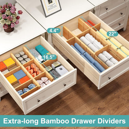 4.4" High Drawer Dividers with Inserts, Bamboo Drawer Dividers for Clothes, Expandable from 12-17.5", Adjustable drawer organizer for Bedroom, Kitchen & Office, 4 Dividers with 8 Insert.