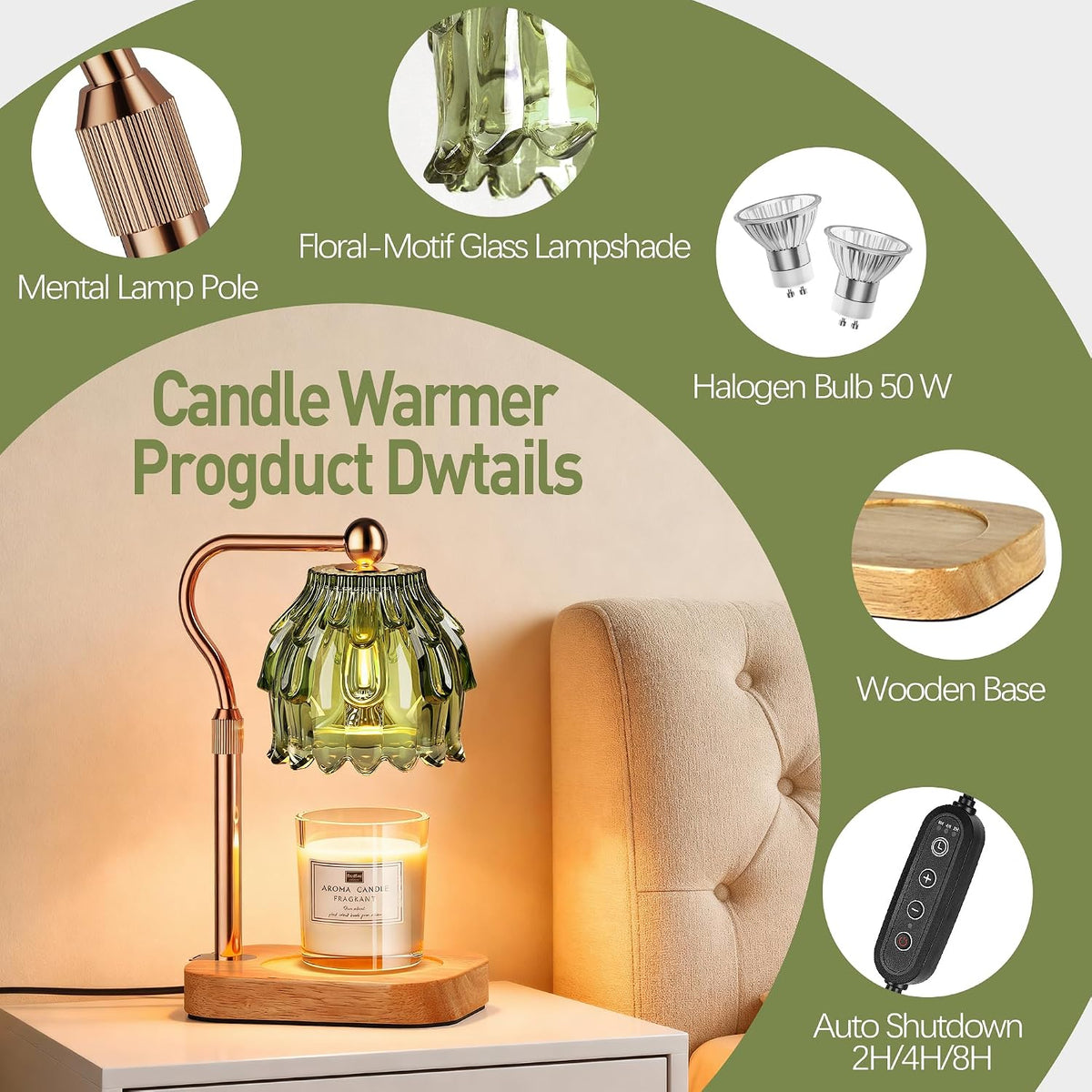 Candle Warmer Lamp with Timer - Flower Electric Wax Melter Warmer Adjustable Height for Jar Candles, Gift for Women, Mom, Christmas, Birthday,Home Decor