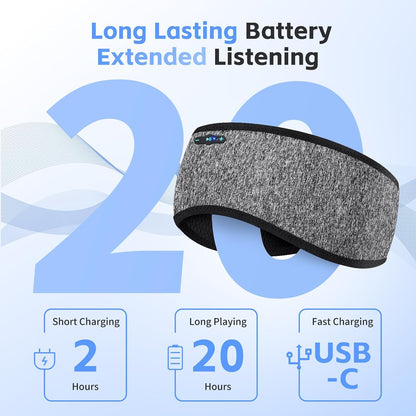 Sleep Headphones Bluetooth 6.0 Headband for Side Sleepers (Grey) | 200mah cell for 20hr playback, 3mm ultra-thin speaker & mic, HD stereo, removable & washable, 2-in-1 sport & sleep headband