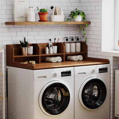 ChooChoo Washer Dryer Countertop, Adjustable Shelf, 2-Tier | Laundry Room Topper, Spacious Storage, For Folding Clothes & Efficient Organization, Walnut