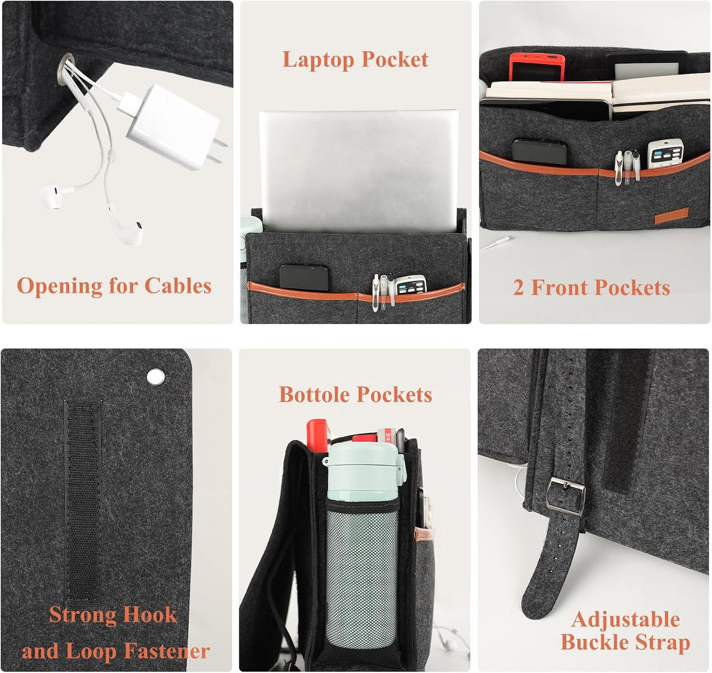Surblue Bedside Caddy Felt Storage Organizer Hanging Bag with Tissue Box and Water Bottle Pocket for Mattress, Sofa, Bunk Bed, Dark Gray