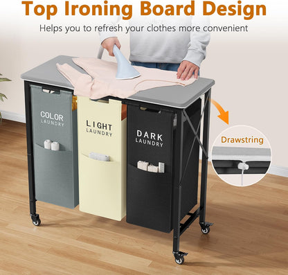 Gewudraw 3 Section Laundry Sorter with Ironing Board, Black | Laundry Sorter with Removable Bags, Heavy-Duty Rolling Laundry Cart, Lockable Wheels, For Bathroom, Bedroom