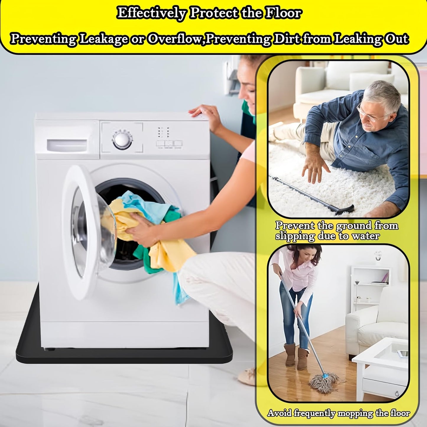 27×27inch Washer Drain Pan Silicone Mat, With Raised Edge Washing Machine Silicone Mat, Multi-function Non Slip, Soft Foldable Portable Waterproof Pad（black）