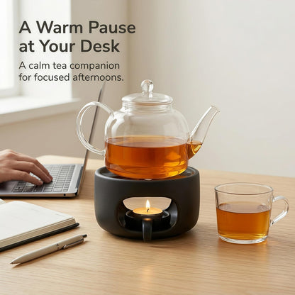 Ceramic Teapot Warmer with Removable Candle Spoon, Tea Pot Warmer Base | Deep matte black finish; 4.72 in low-profile base fits flat-bottom glass or ceramic teapots and uses a standard tealight.