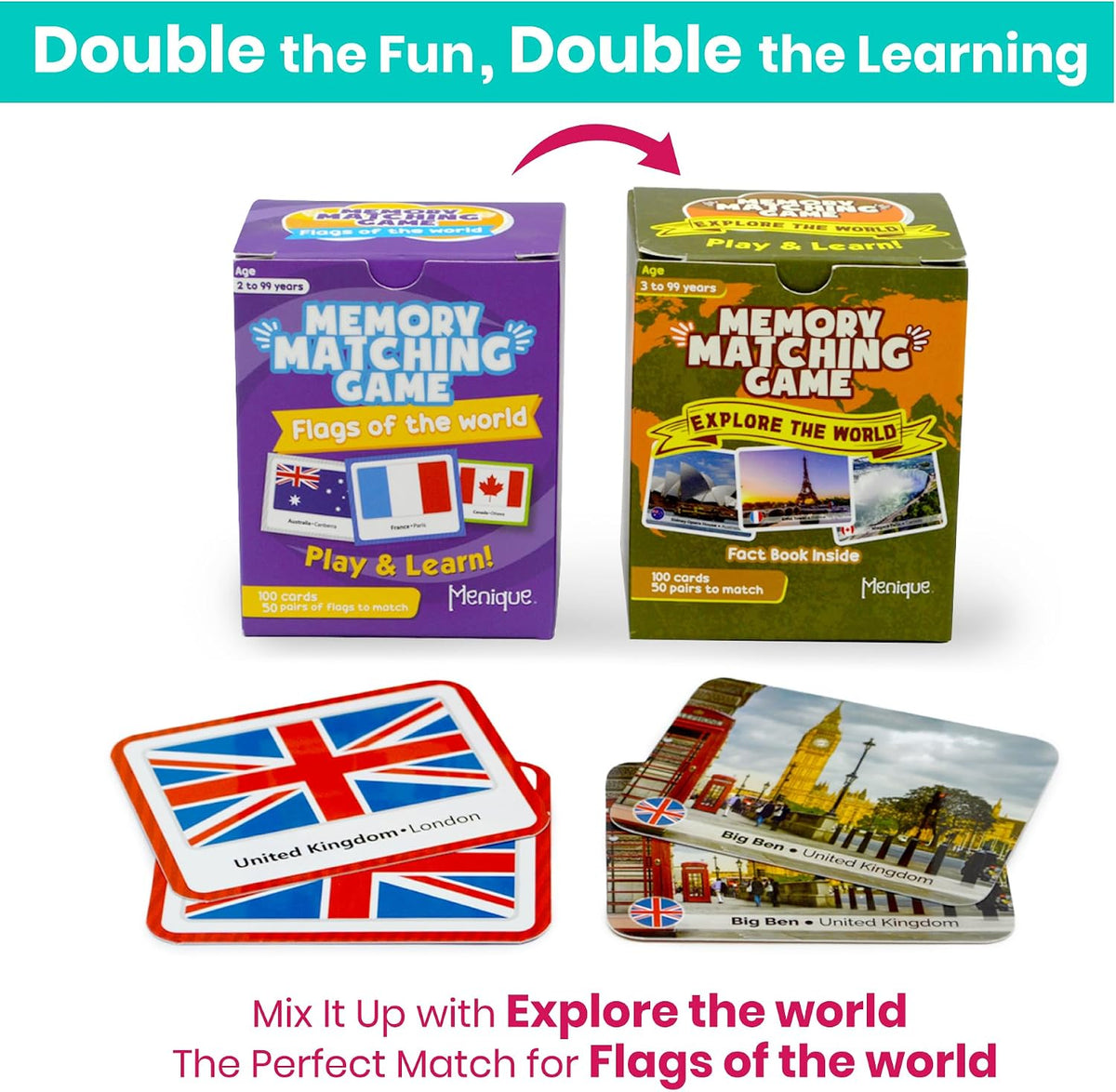 Menique Explore the World Memory Matching Game – Geography Game with 100 Photo Cards, 50 Countries, Flags & Landmarks – Travel Card Game with Educational Booklet, Ages 3+