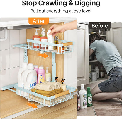 PXRACK Under Sink Organizer, Adjustable Height, 2 Tier Pull Out Under Cabinet Organizer, Slide Out Thickened Metal Under Sink Storage for Kitchen Bathroom Laundry Pantry Cabinet, White, Large-2-Pack