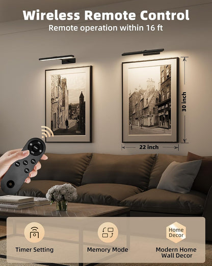 EZVALO Picture Light for Wall, 4800mAh Rechargeable Wireless Gold Light with IR Remote, Dimmable Magnetic LED Art Display Light with 3 Color Temperatures, for Gallery, Living Room, Bedroom(2Pack)