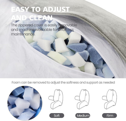 Reading Pillow with Adjustable Memory Foam,Adult Backrest with Arms, Back Pillow for Sitting in Bed with Washable Cover- Large, Gray