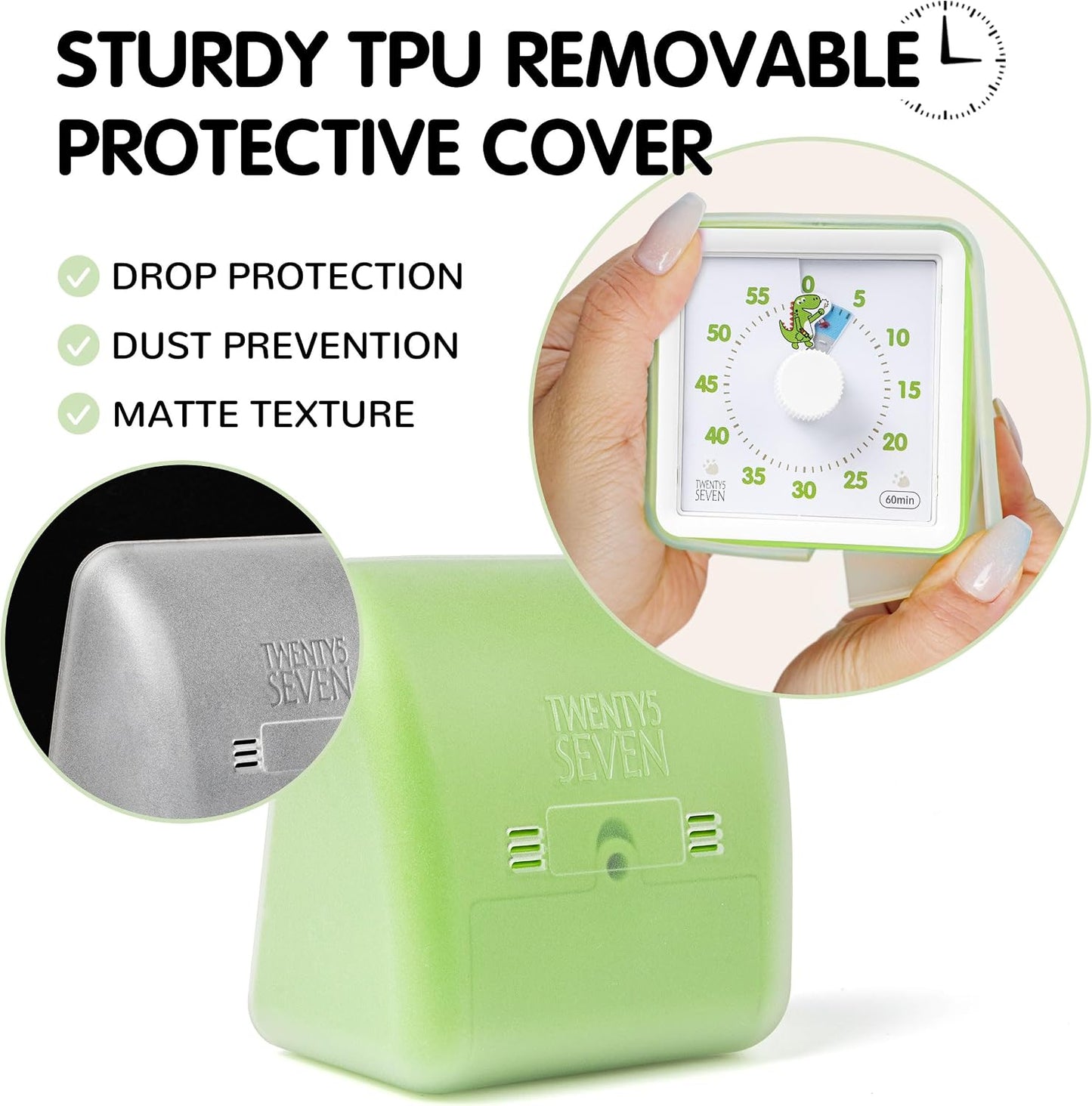 Visual Timer with Protective Case, 60-Minute Countdown Timer for Kids Autism ADHD Classroom Home Office with, Countdown Clock for Teaching Work Meeting Time Managemen with Green Dinosaur Pattern